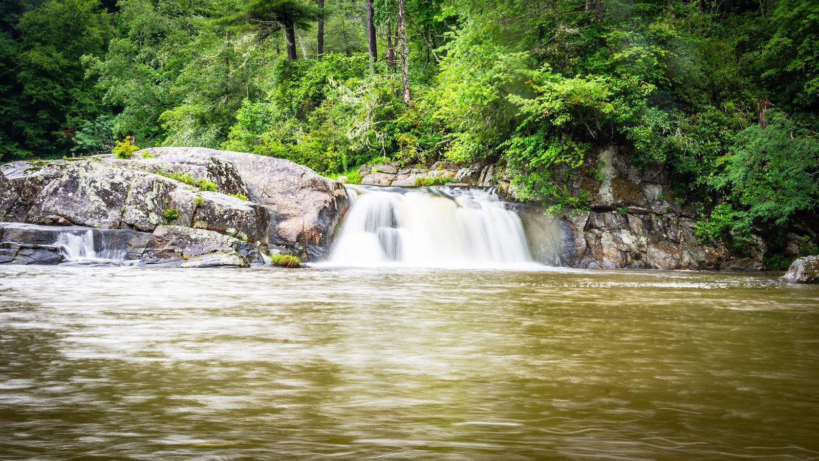 Lush forest waterfall cascading into a river with rocky cliffs